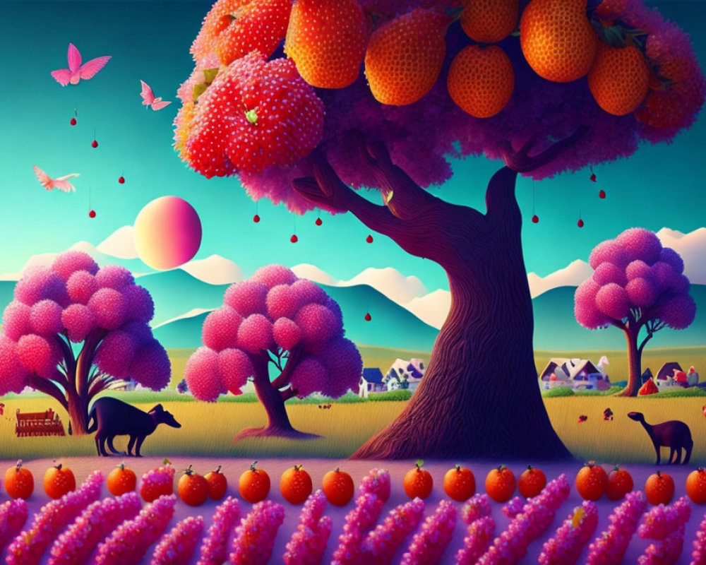 Colorful fantasy landscape with oversized fruit trees, animals, and distant mountains.