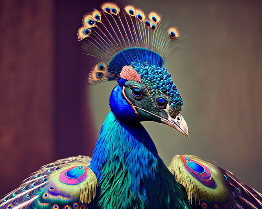 Colorful Peacock with Blue and Green Plumage and Iridescent Tail Feathers