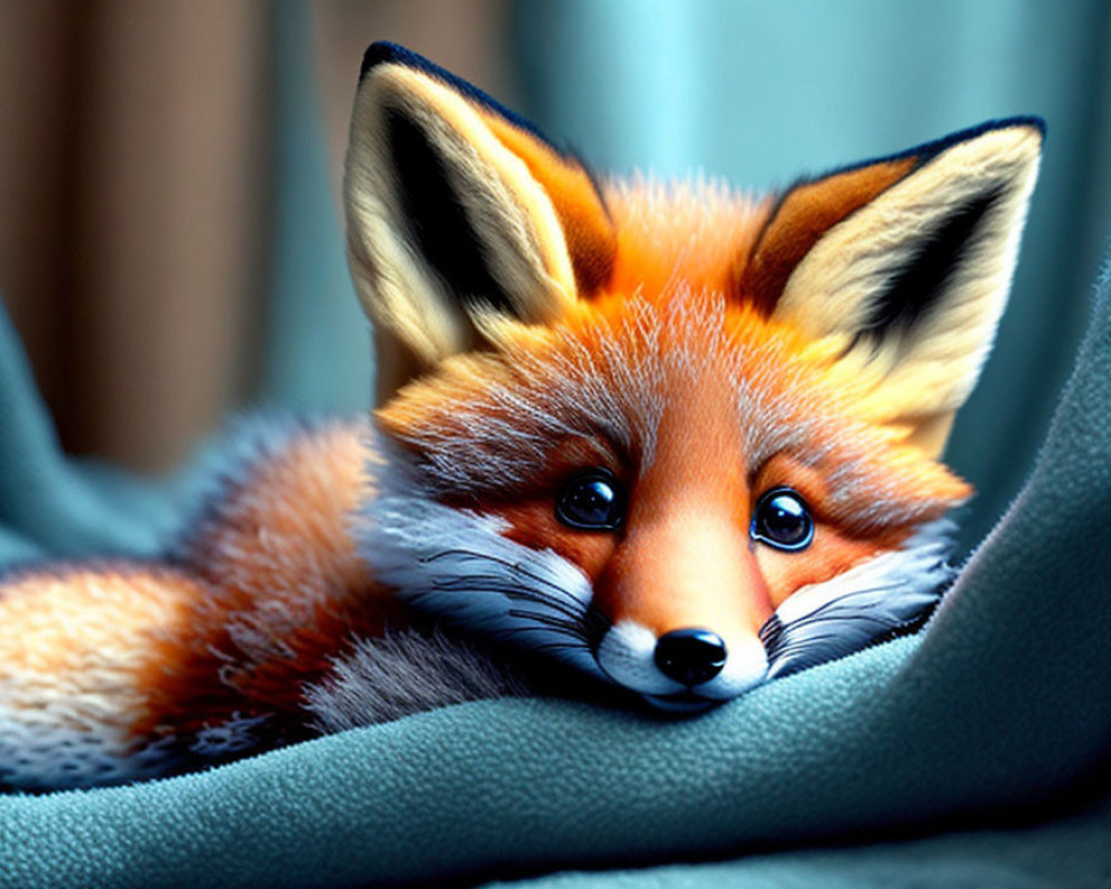 Red fox nestled in blue fabric with bright eyes