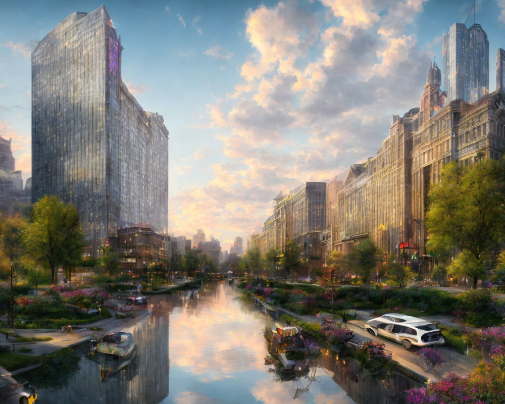 Futuristic cityscape with skyscrapers and riverbank gardens