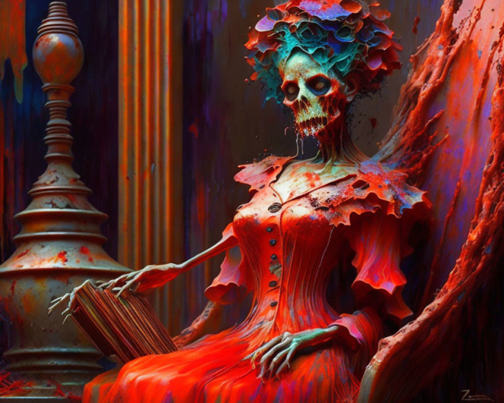 Skeletal Figure in Ornate Chair with Floral Headdress