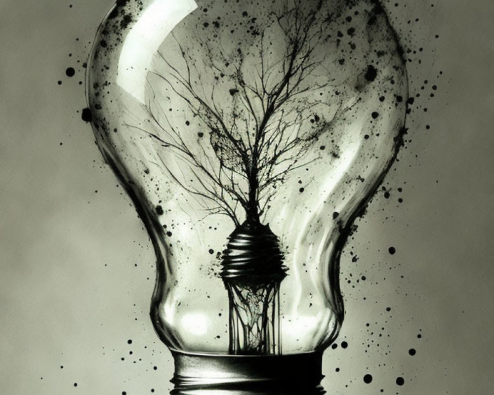 Light Bulb with Tree Silhouette and Abstract Patterns