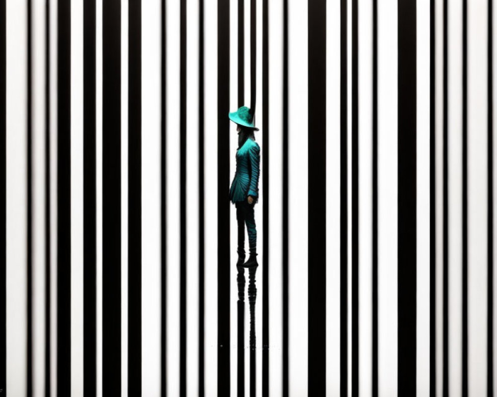 Figure in Turquoise Hat Against Striped Background