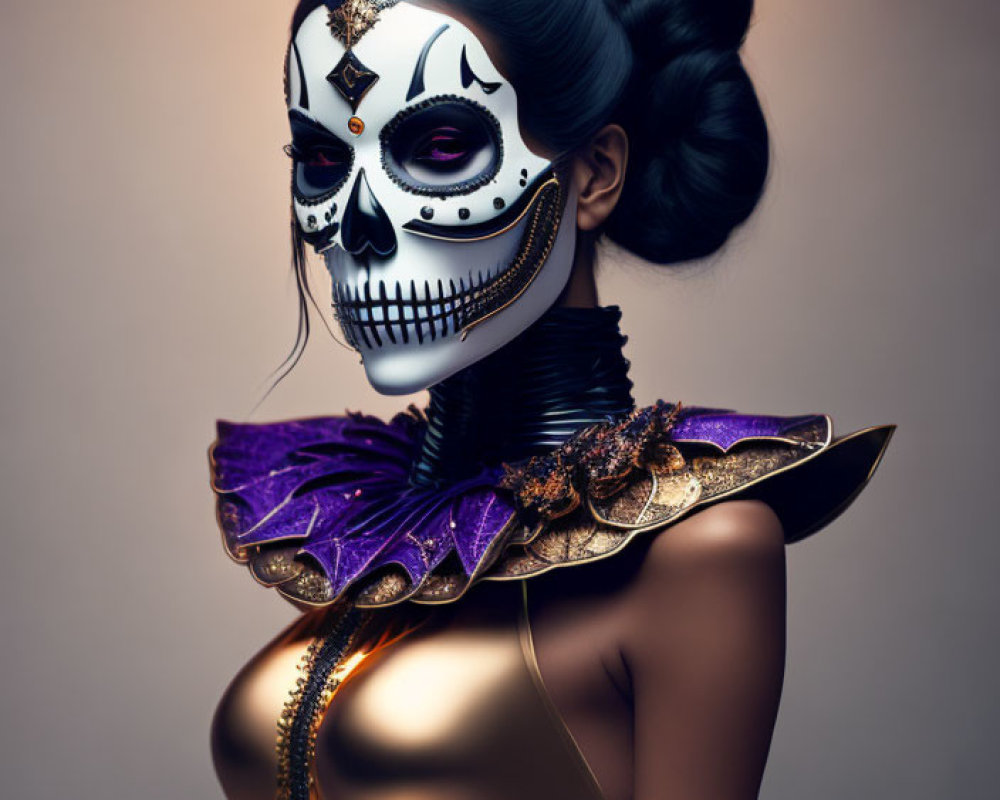 Portrait of a woman in a sugar skull mask with collar