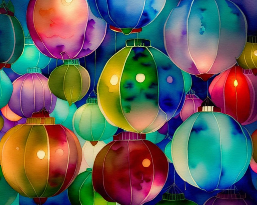 Colorful Lanterns Against Deep Blue Background