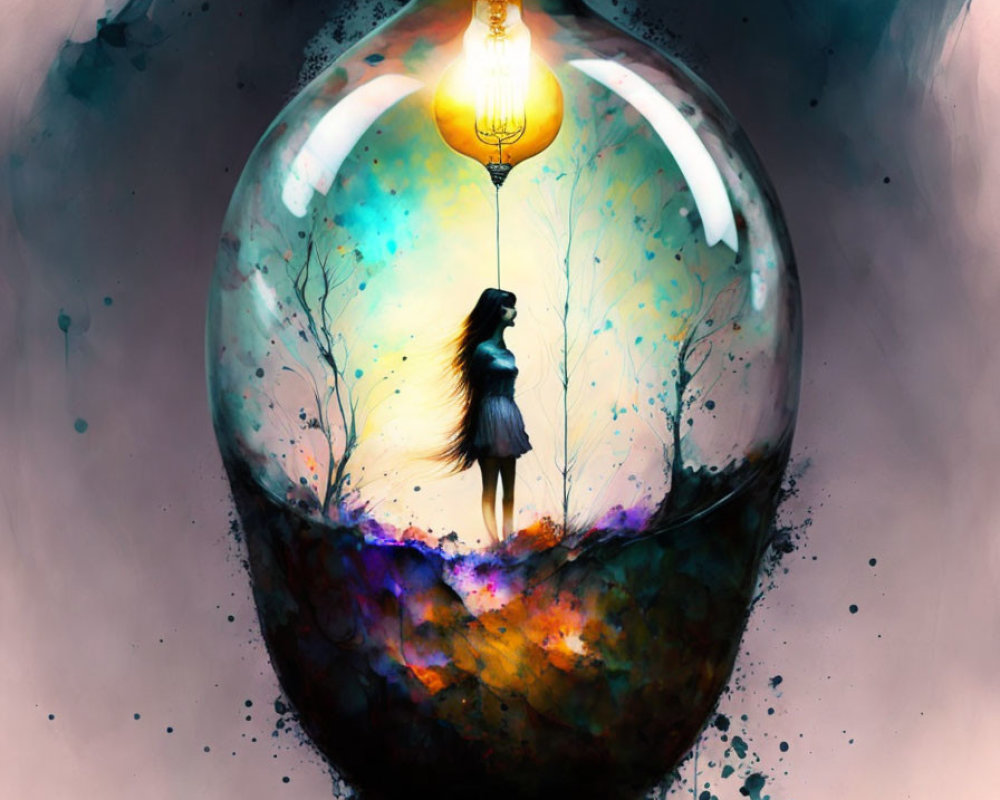 Surreal Scene Inside a Light Bulb with Dreamlike Landscape
