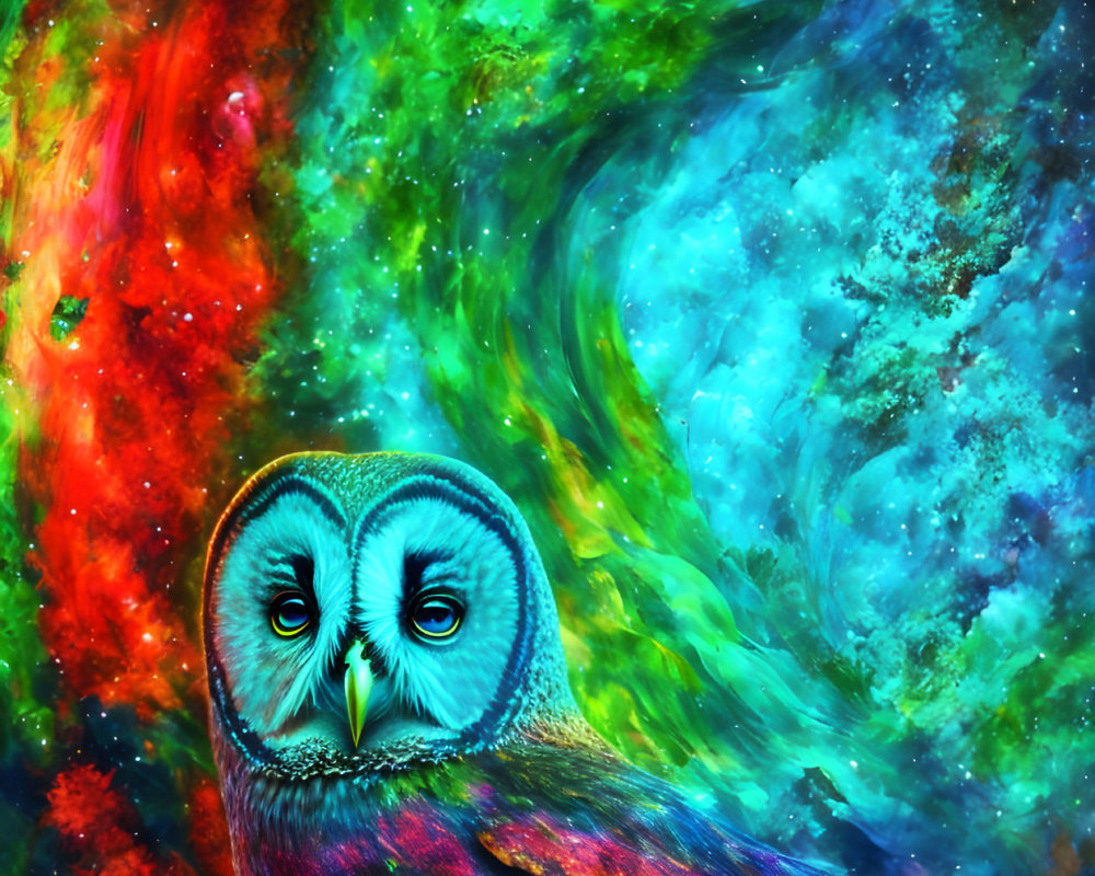 Colorful Owl Artwork with Cosmic Galaxy Theme