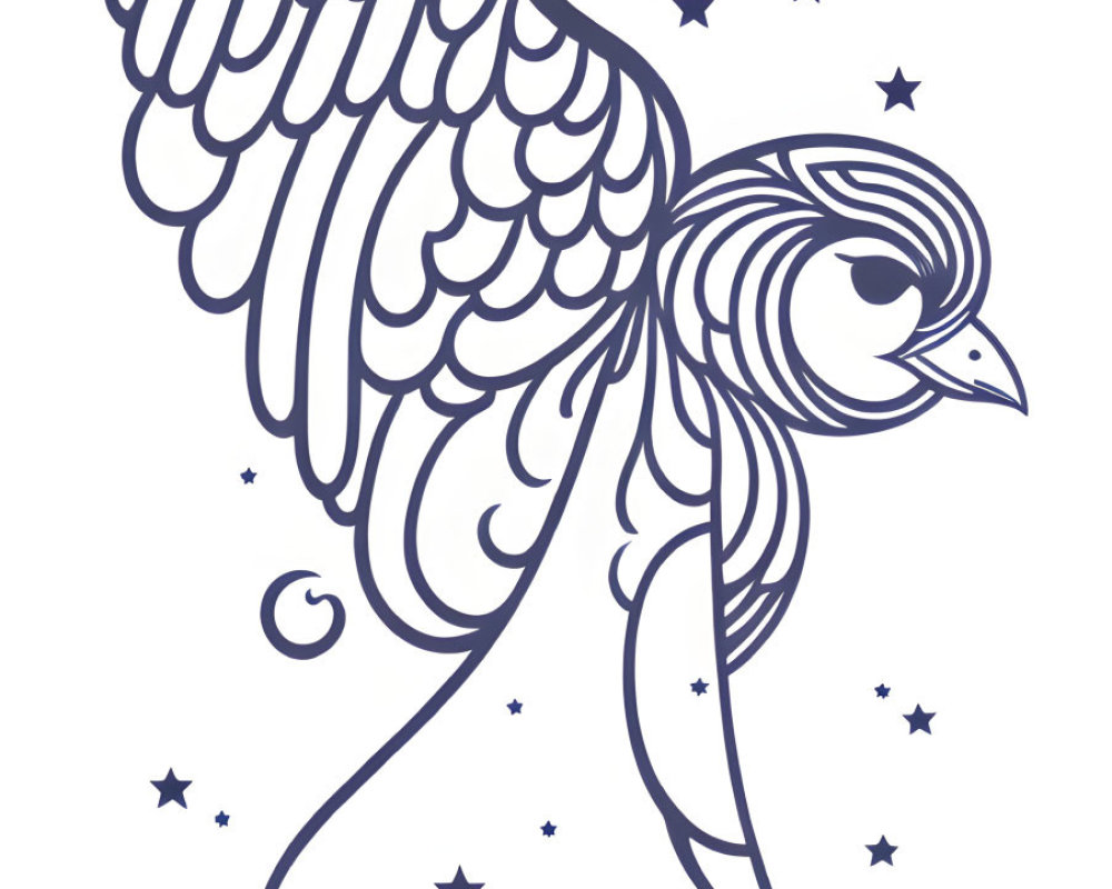 Elaborate monochromatic bird line drawing with stars and swirls
