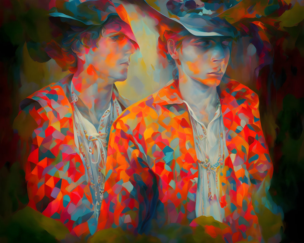 Colorful Abstract Art: Two People in Cowboy Hats & Geometric Shirts