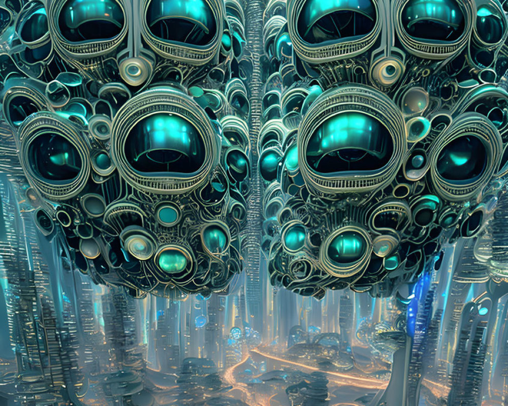 Futuristic cityscape with towering cylindrical structures and glowing neon lights