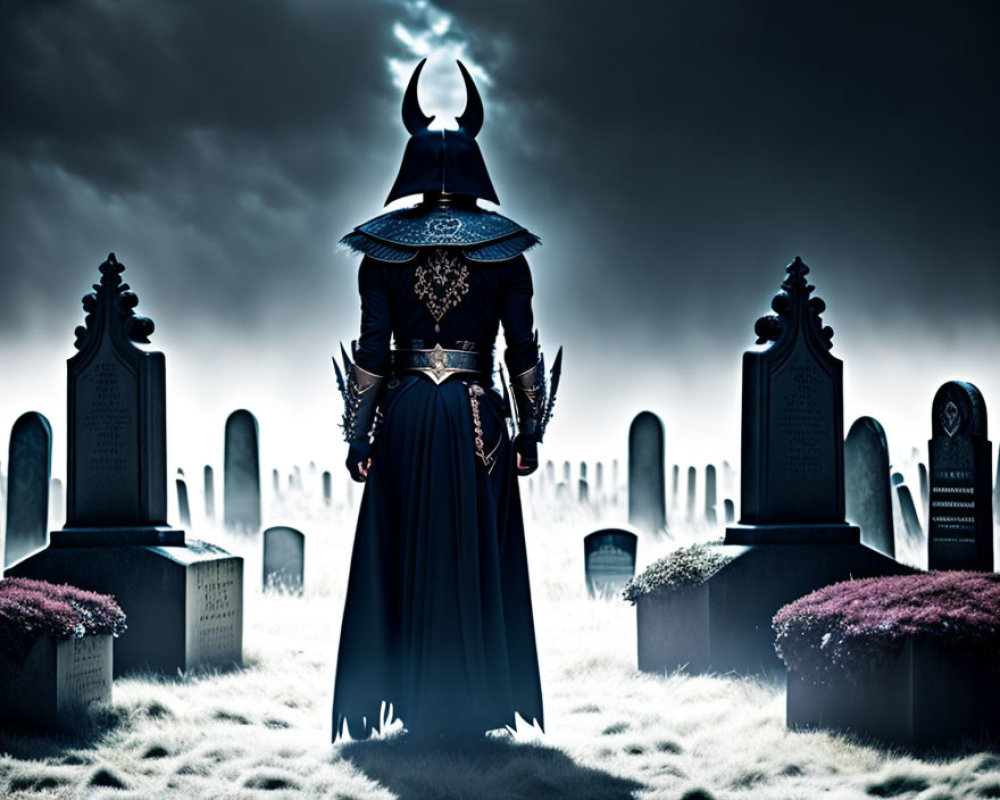Horned figure in cloak at night graveyard with eerie lighting