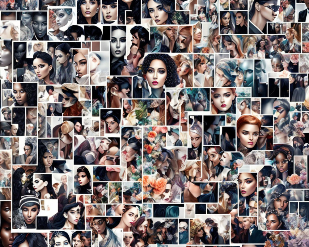 Fashion and beauty portraits with diverse makeup looks, hairstyles, and floral embellishments.