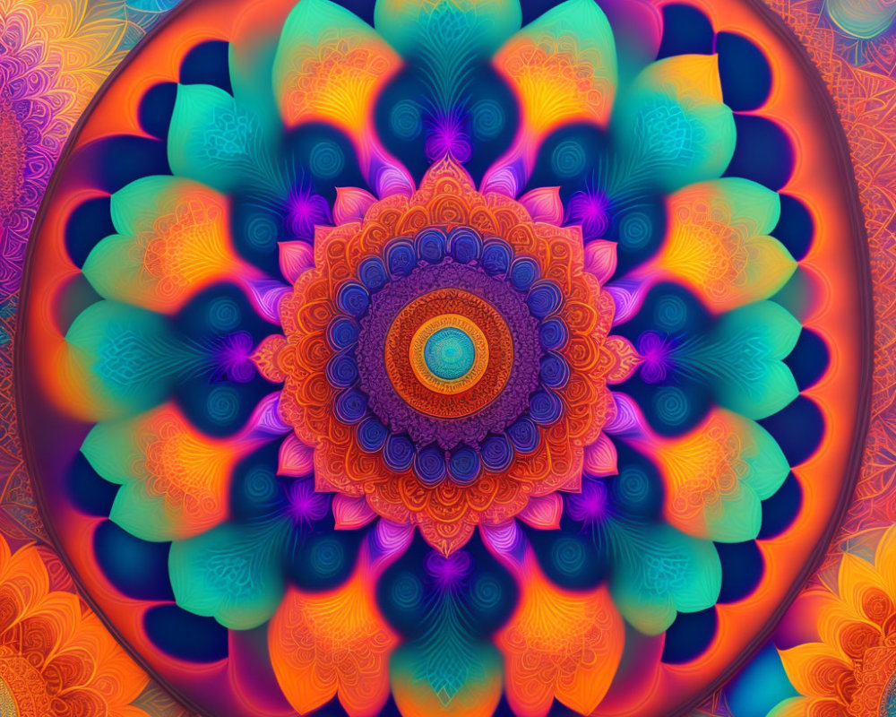 Intricate blue, orange, and purple mandala design