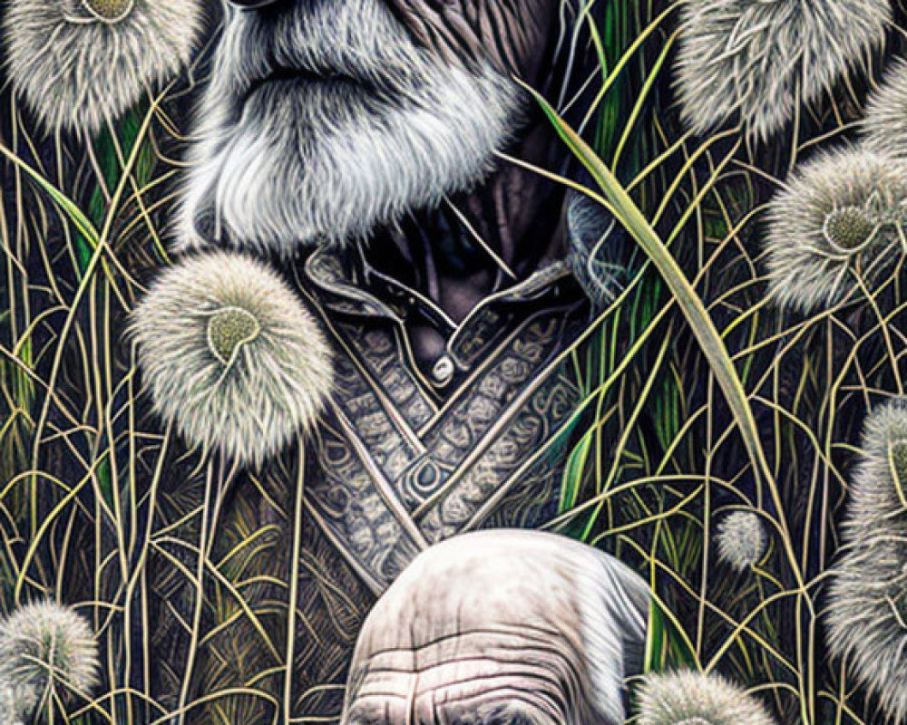 Intricate Portraits of Elderly Men with Dandelions