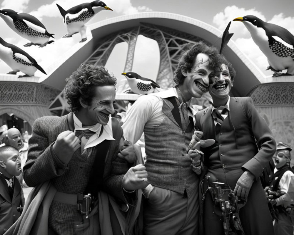 Whimsical Black-and-White Scene with Vintage Suits and Flying Penguins