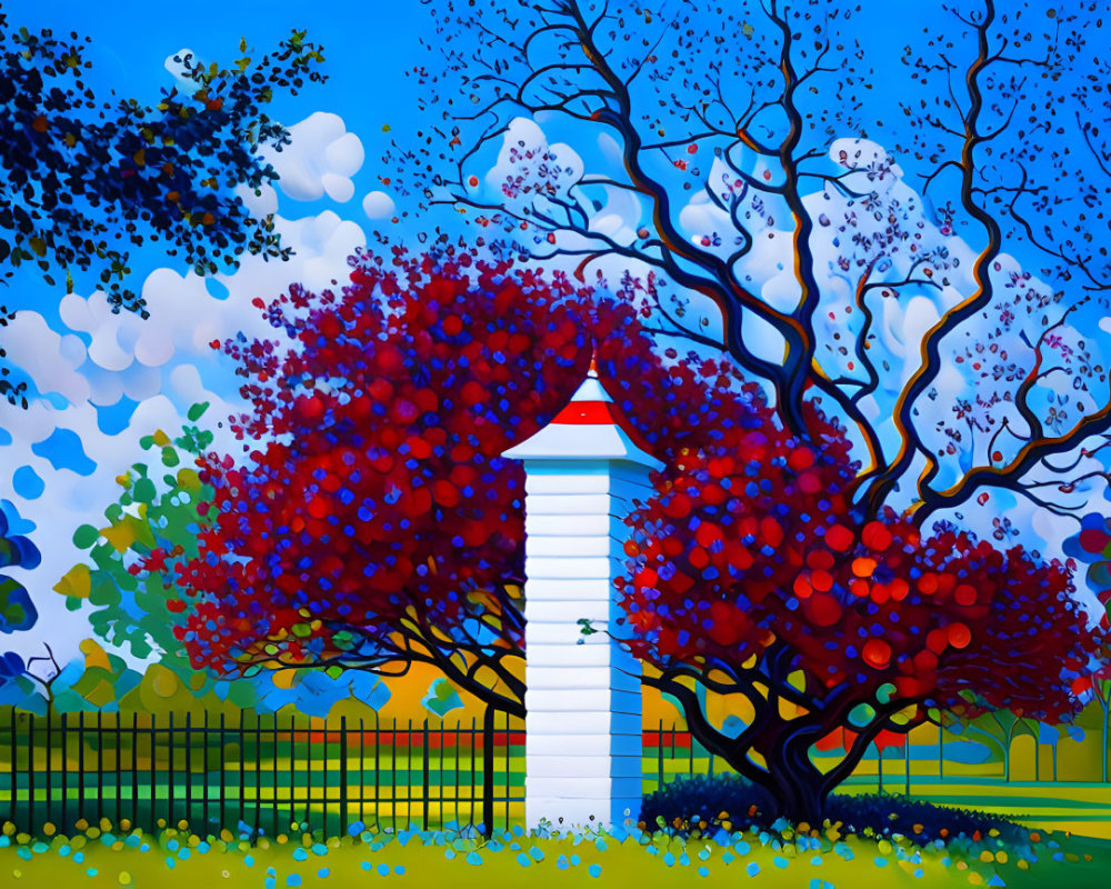 Vibrant Landscape with White Structure and Red Foliage