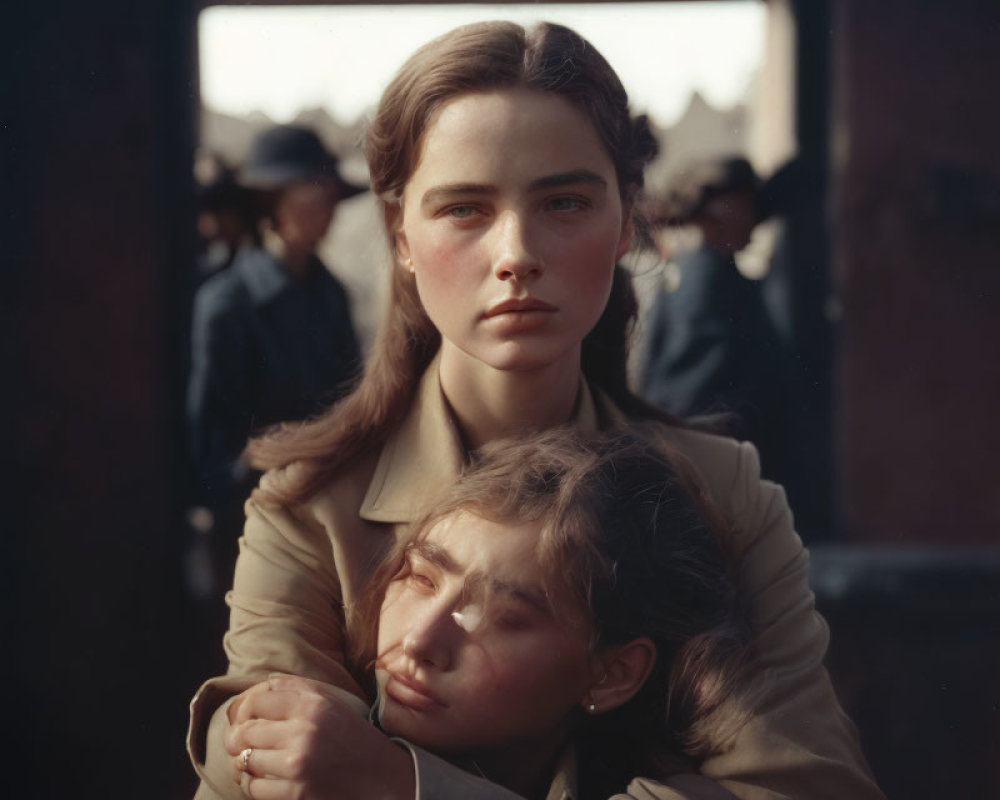 Two women embracing with solemn expression and head resting on shoulder.