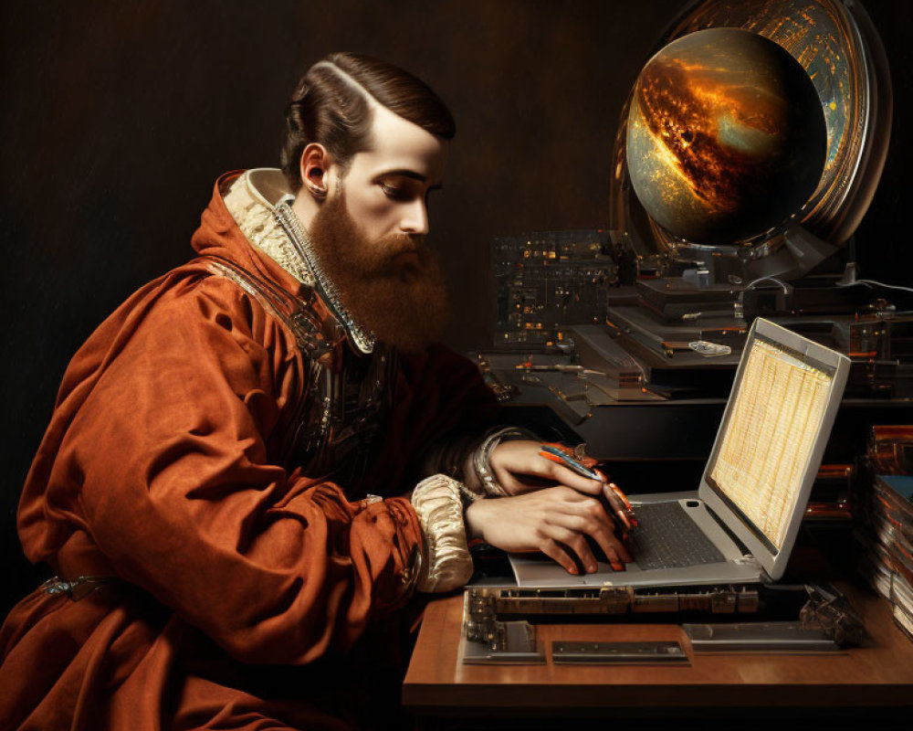 Bearded person in historical attire typing on laptop with futuristic globe in background