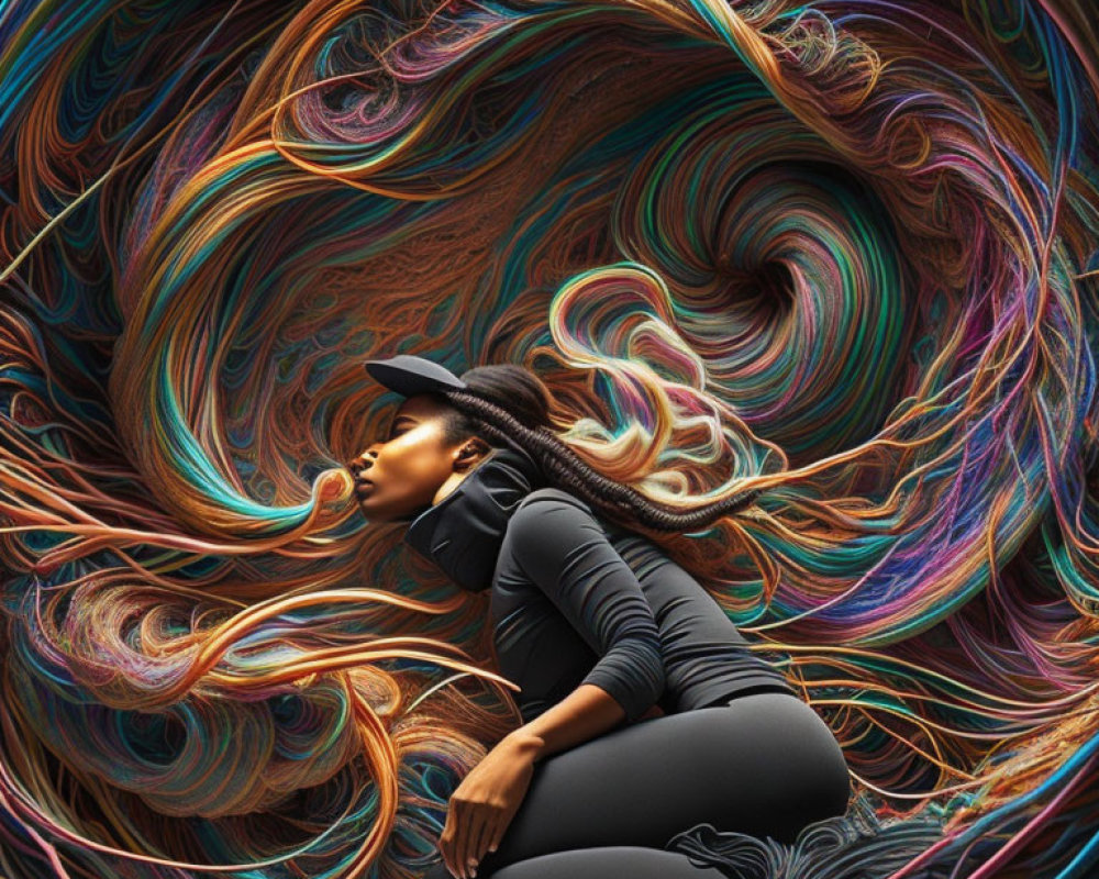 Woman with Hat Surrounded by Colorful Surreal Strands
