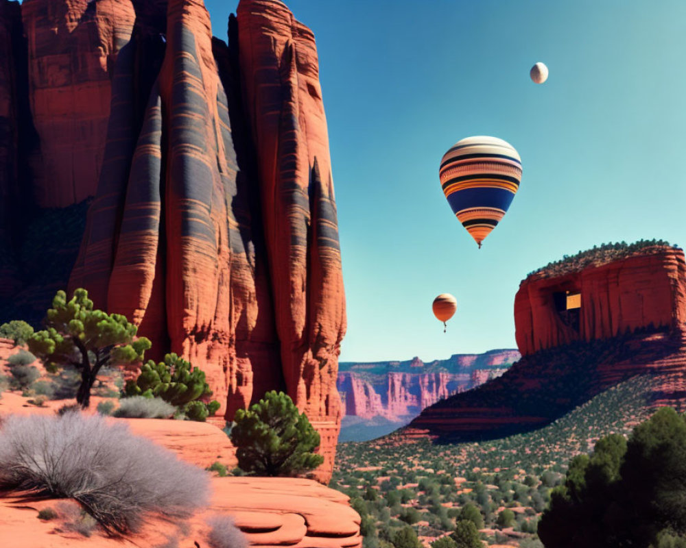 Red rock formations under blue sky with hot air balloons and crescent moon