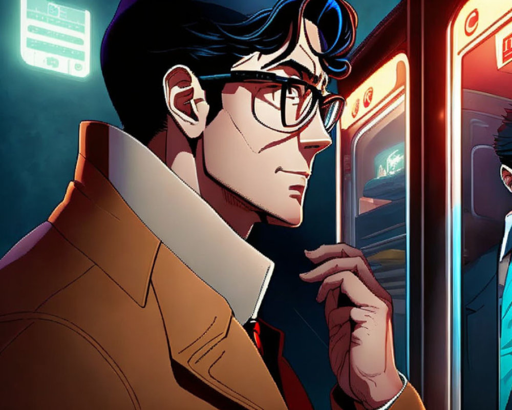 Man with Dark Hair in High-Collared Coat in Vibrant Train Car