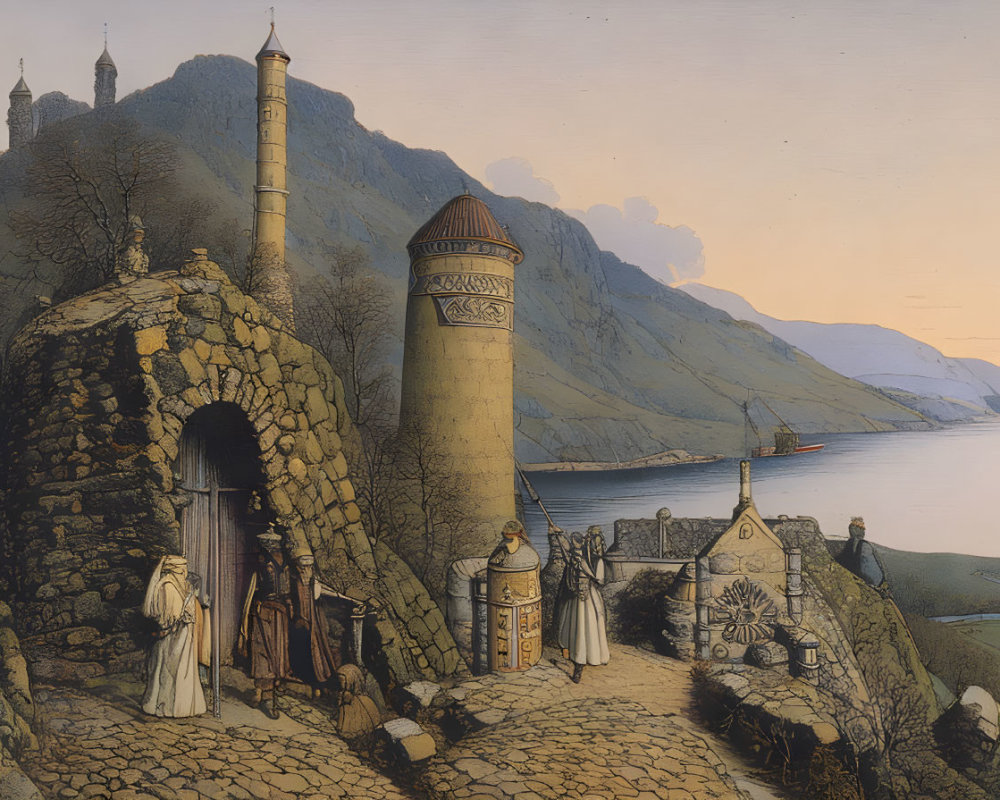 Historical artwork of individuals in traditional attire near ancient ruins and ornate towers by a calm bay at