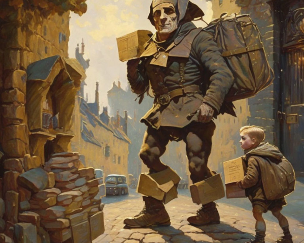 Medieval postman delivers large letters in sunlit town