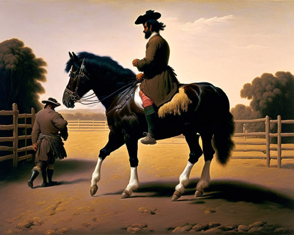 18th-Century Man Riding Black Horse in Fenced Area
