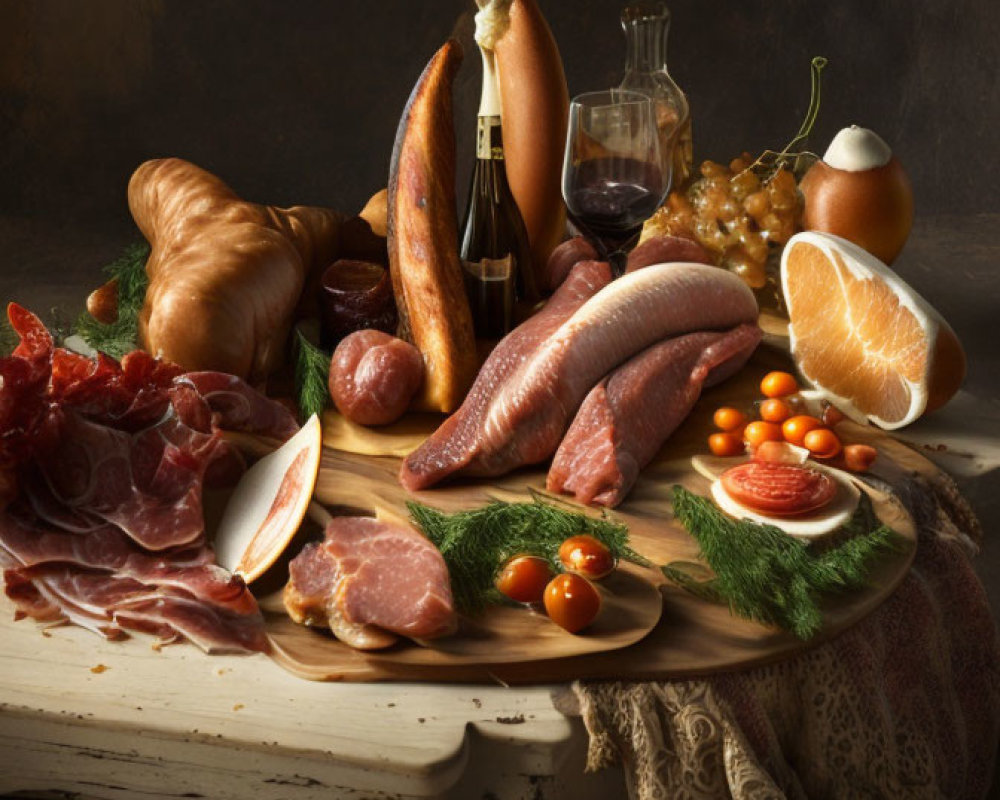 Gourmet foods spread with meats, cheeses, bread, fruit, and wine on rustic table