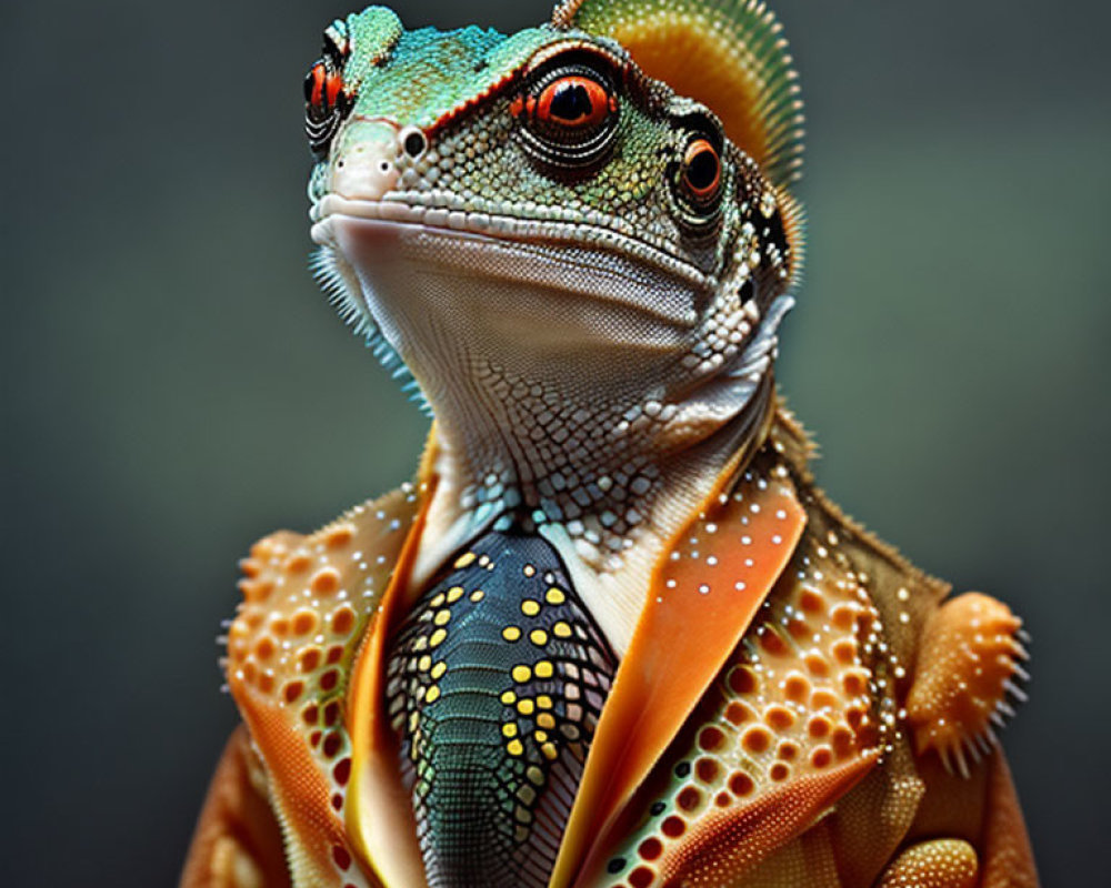 Vivid Orange, Green, and Yellow Iguana with Prominent Spines