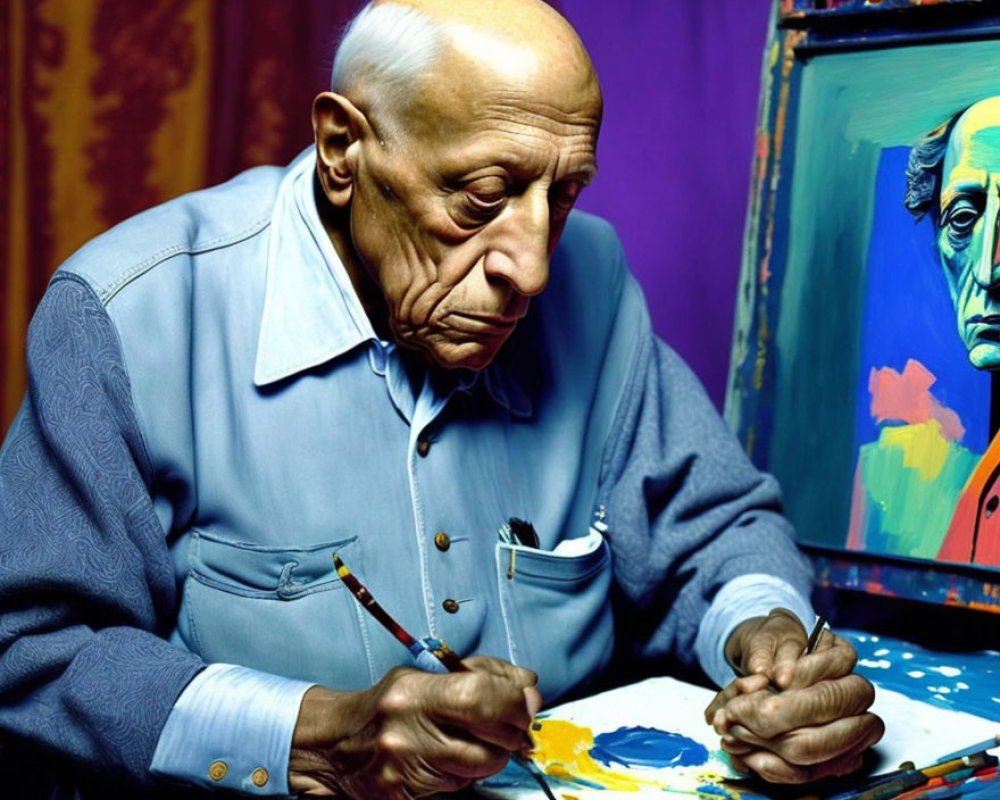 Elderly artist painting with colorful palette and portrait on easel