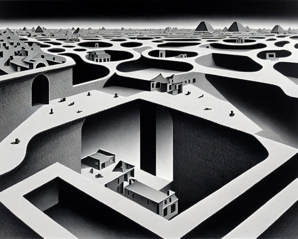 Surreal monochrome landscape with impossible structures