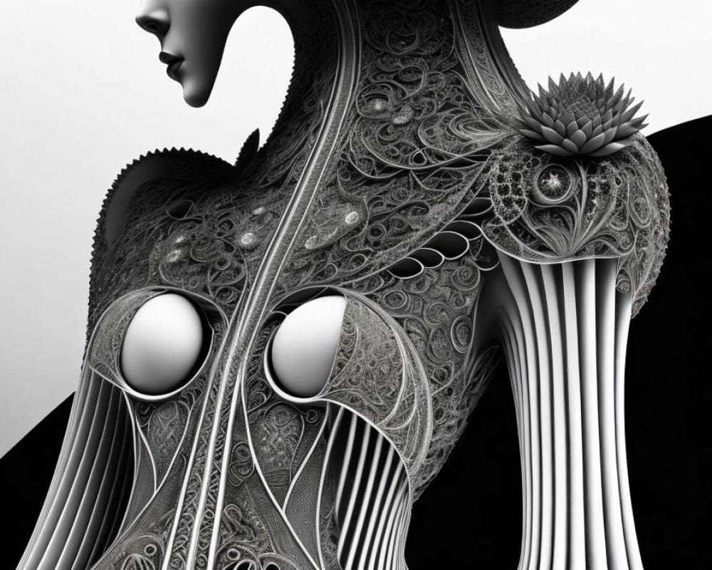 Monochrome digital artwork of stylized woman with ornamental patterns.