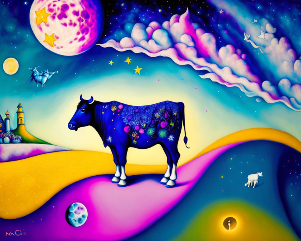 Colorful Cosmic Bull Landscape with Celestial Bodies and Castle