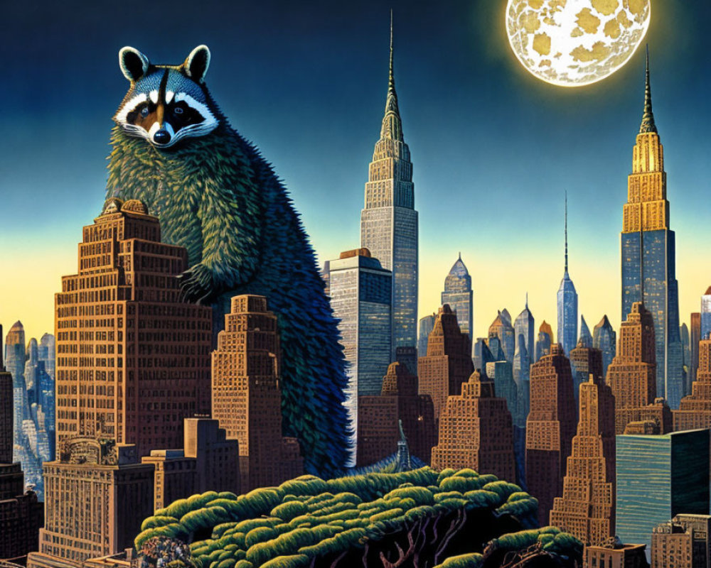Giant raccoon over nighttime cityscape with skyscrapers under full moon