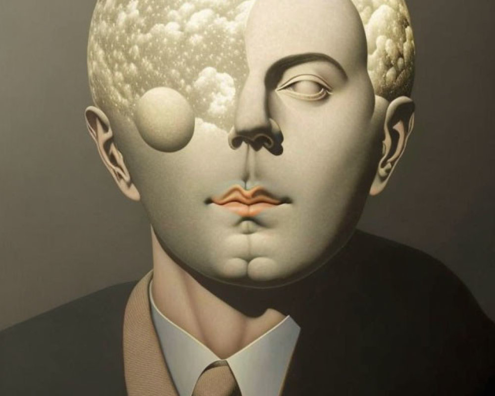 Surreal painting: man in suit with moon-like brain, celestial bodies and craters.