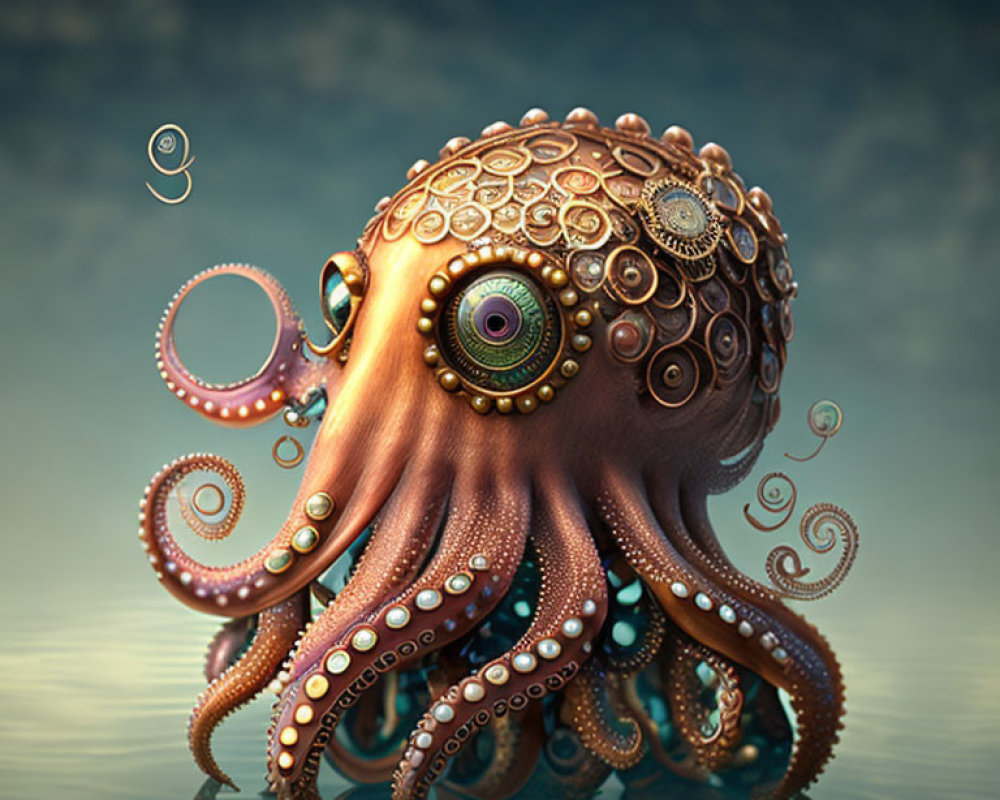 Steampunk-style octopus with mechanical features in reflective water setting