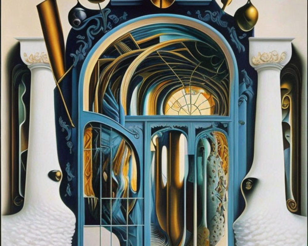 Surrealistic painting of warped open doors and floating elements
