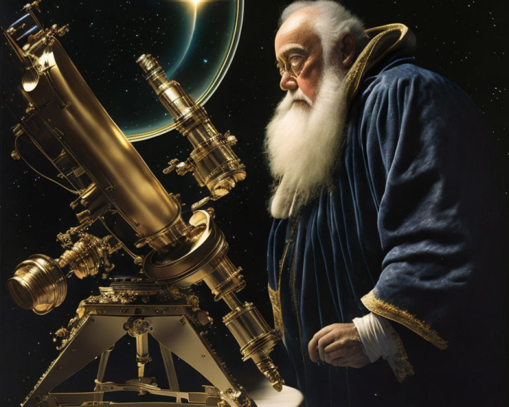 Historical astronomer beside ornate telescope under starry sky