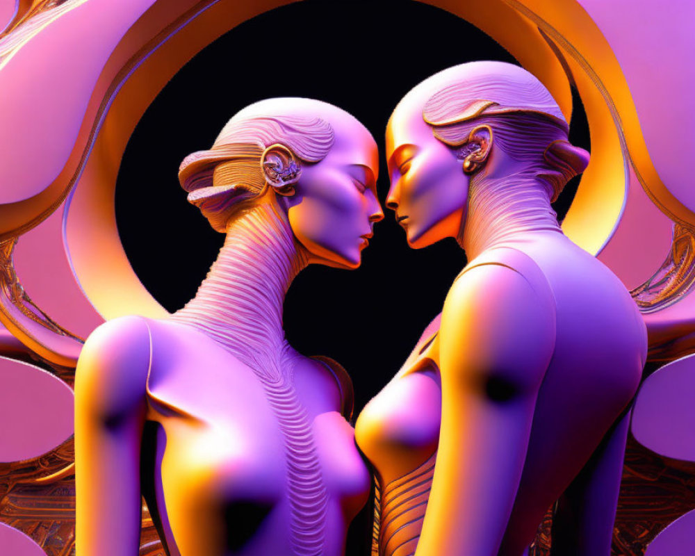 Futuristic humanoid figures with intricate hairstyles on purple and gold abstract background