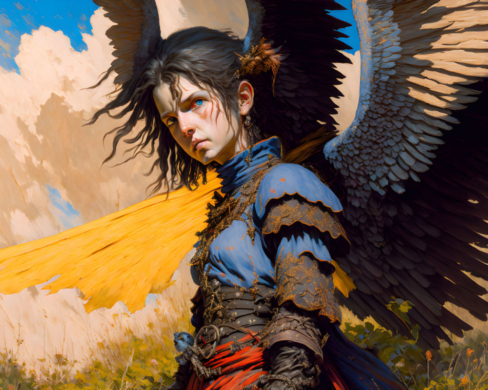 Person with Black Feathers and Blue Armor in Digital Art