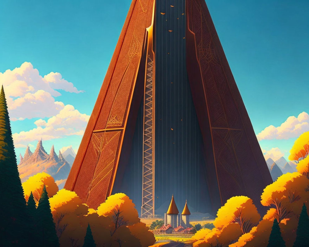 Futuristic structure in autumn forest with mountains and blue sky