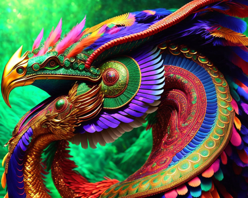 Colorful Stylized Mythical Bird with Vibrant Feathers in Gold, Green, Purple,