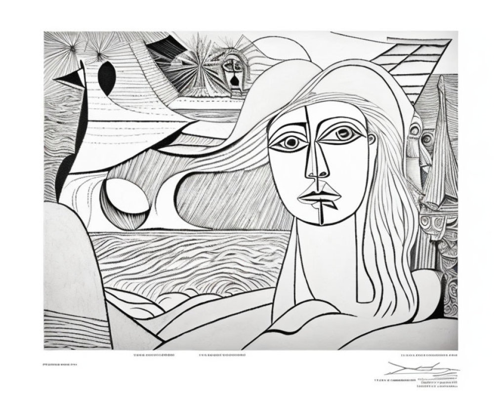 Monochrome abstract art with exaggerated facial features and surreal patterns