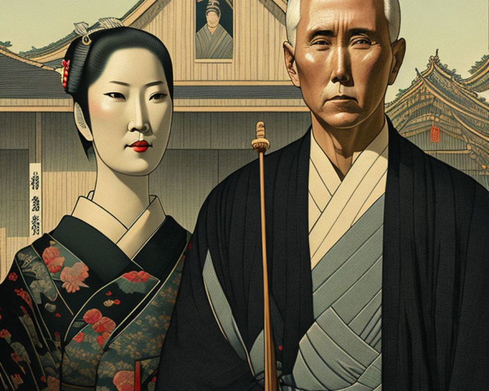 Japanese woman in kimono with man in traditional attire and classic architecture illustration